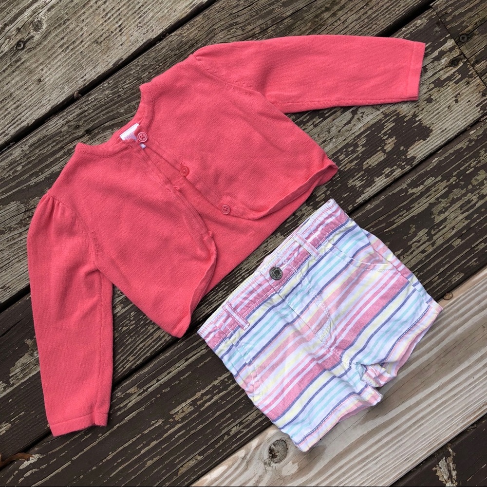 Pink and Stripped Cardigan Sweater and Shorts Set